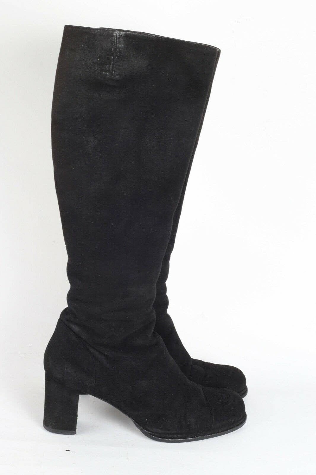 Vintage Chanel CC Logo Black Suede Round Toe Knee High Boots Size 38.5